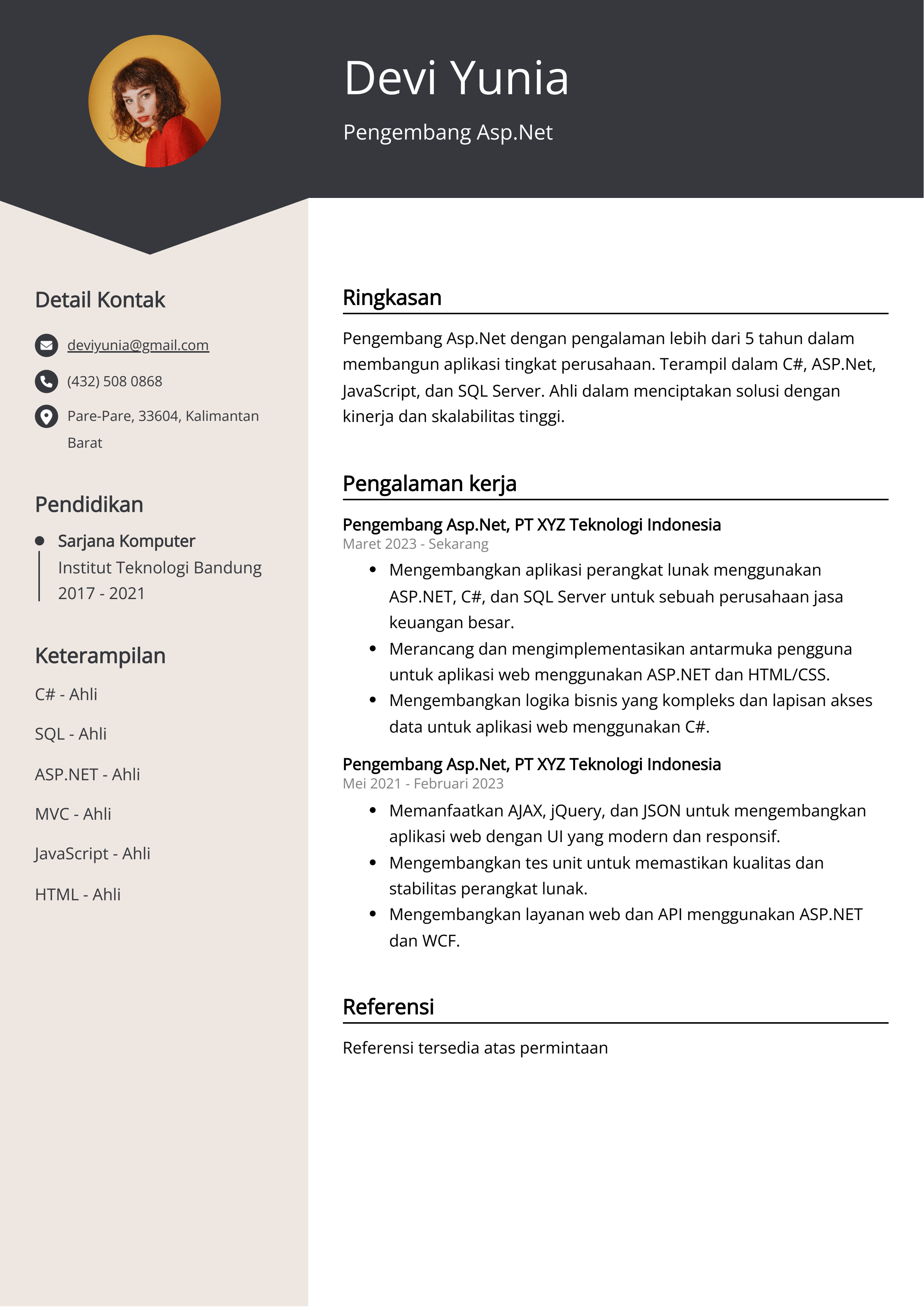 Contoh Resume Pengembang Asp.Net
