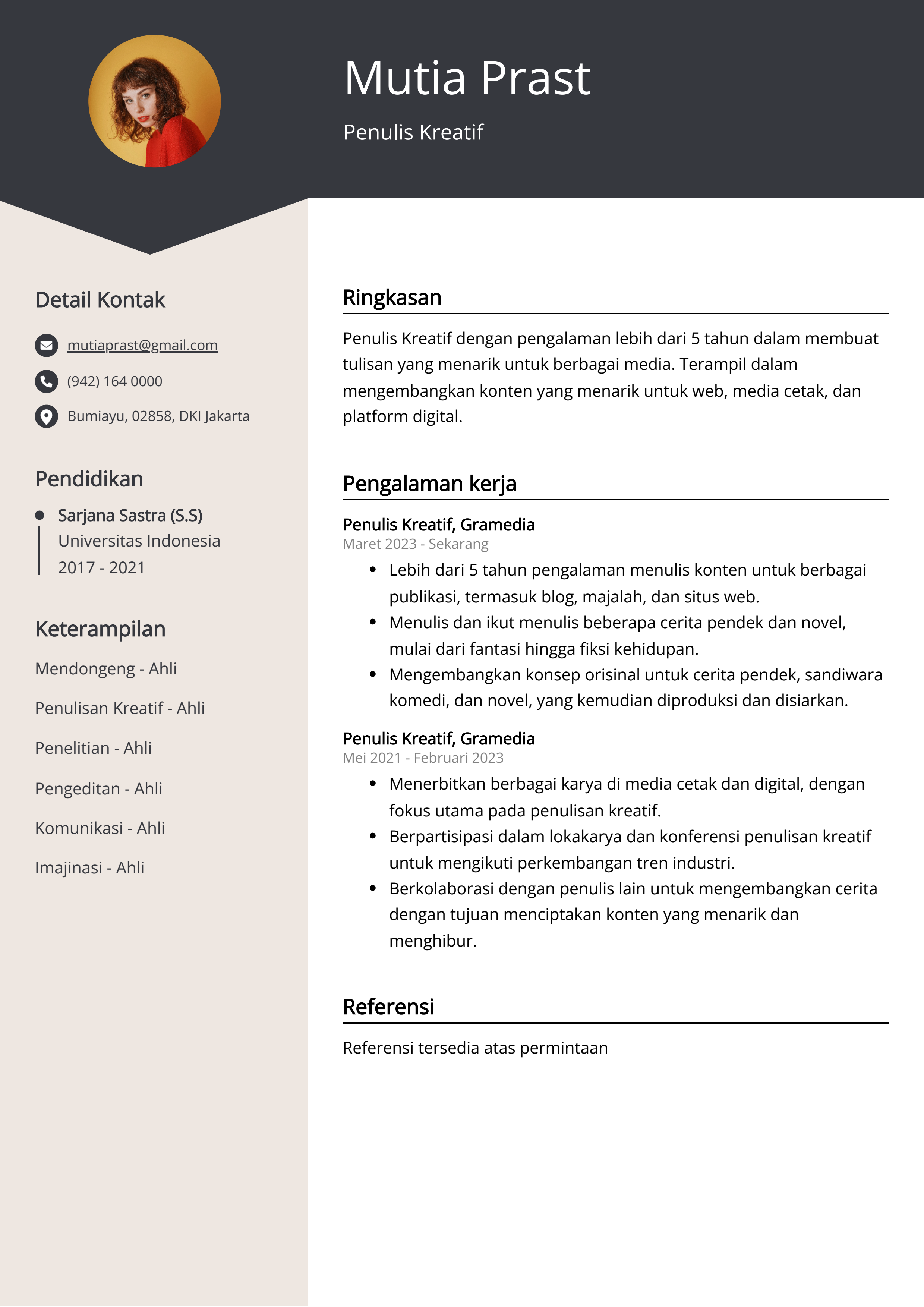 Contoh Resume Penulis Kreatif