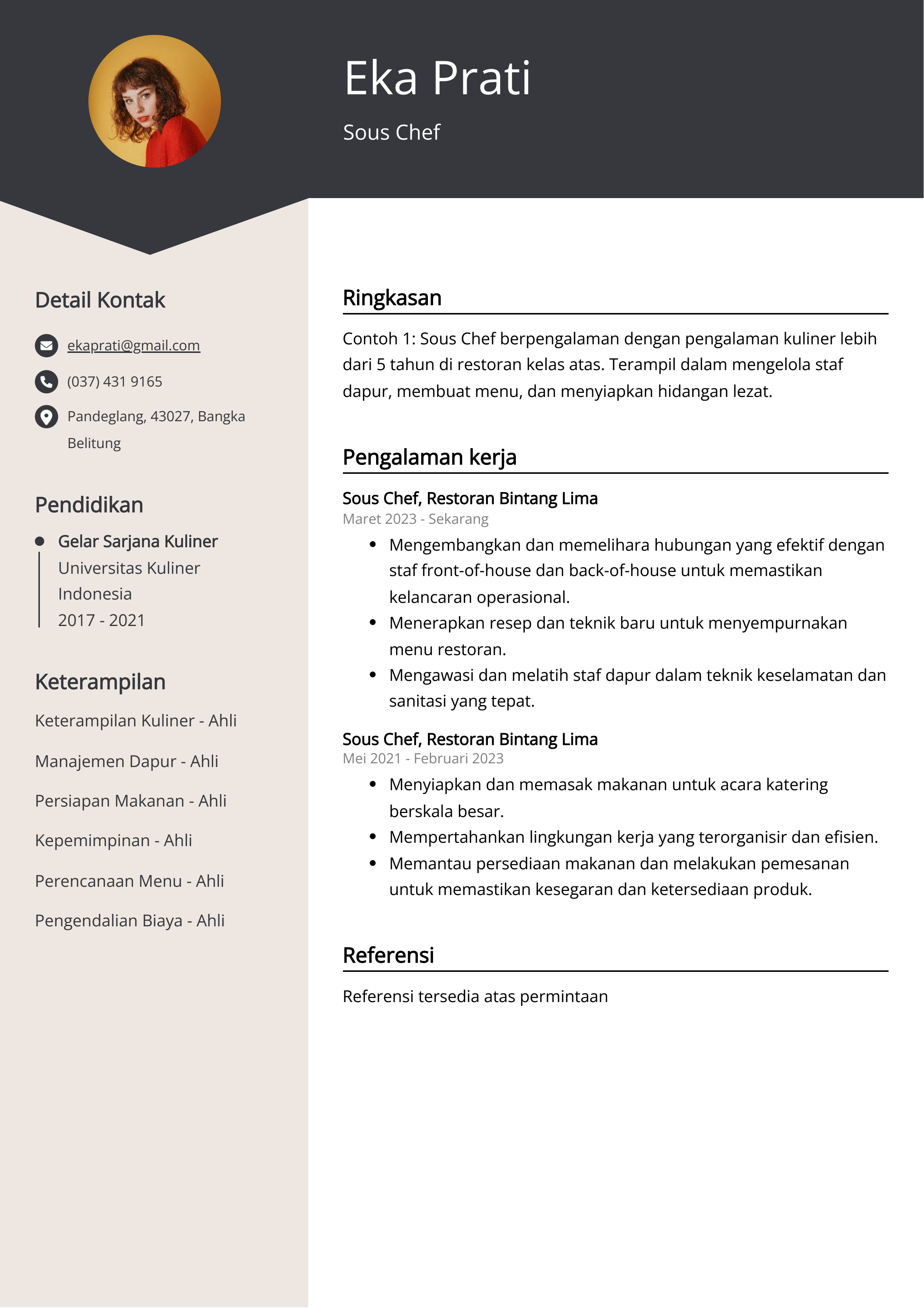 Contoh Resume Sous Chef