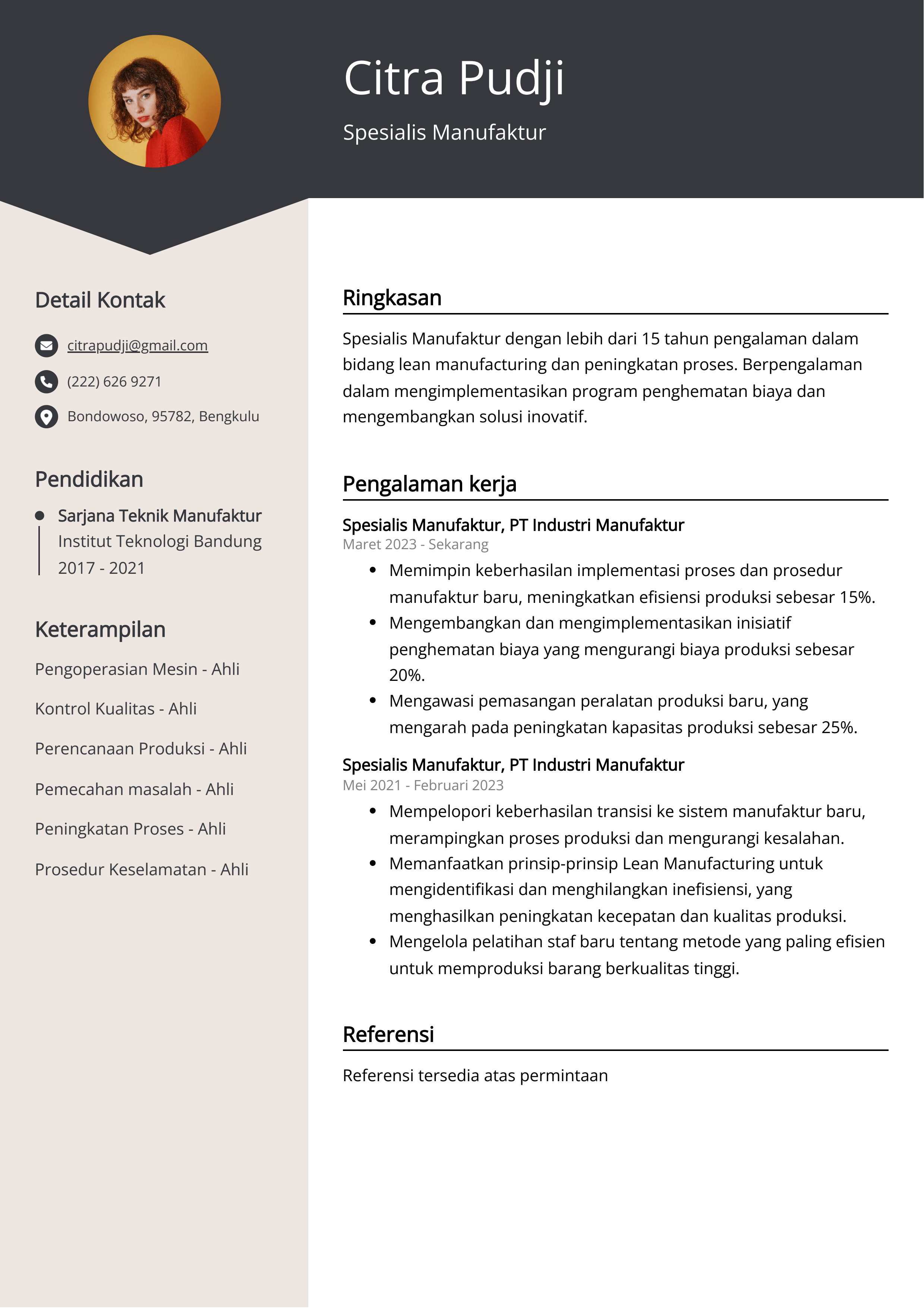 Contoh Resume Spesialis Manufaktur