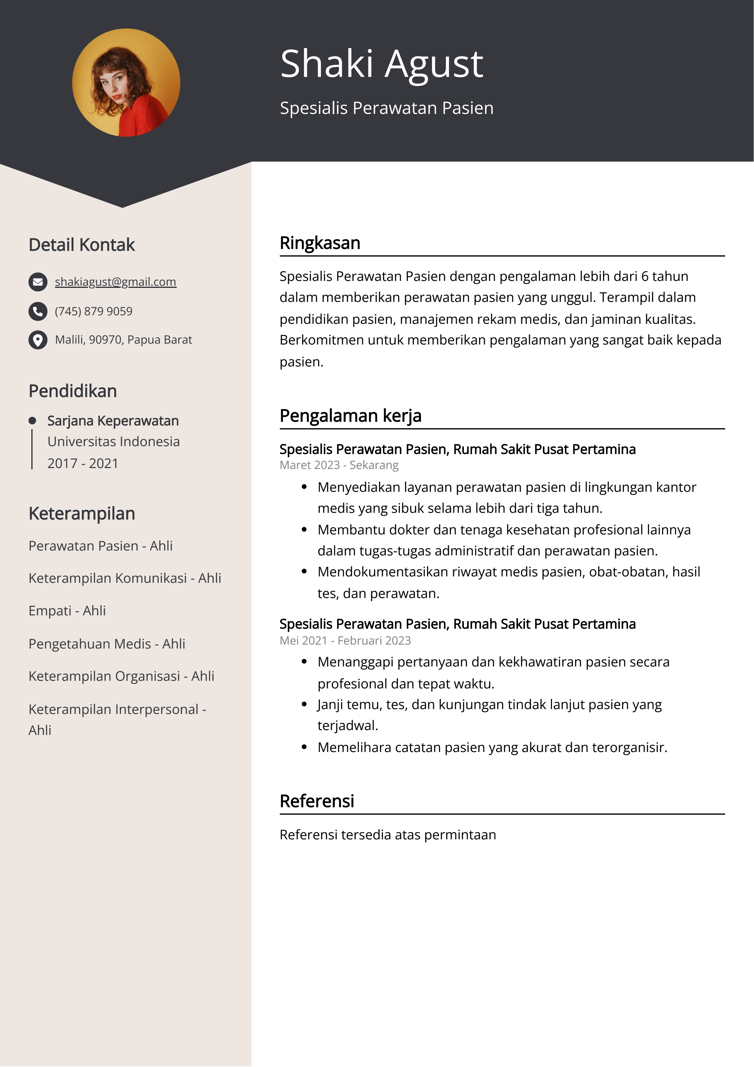 Contoh Resume Spesialis Perawatan Pasien