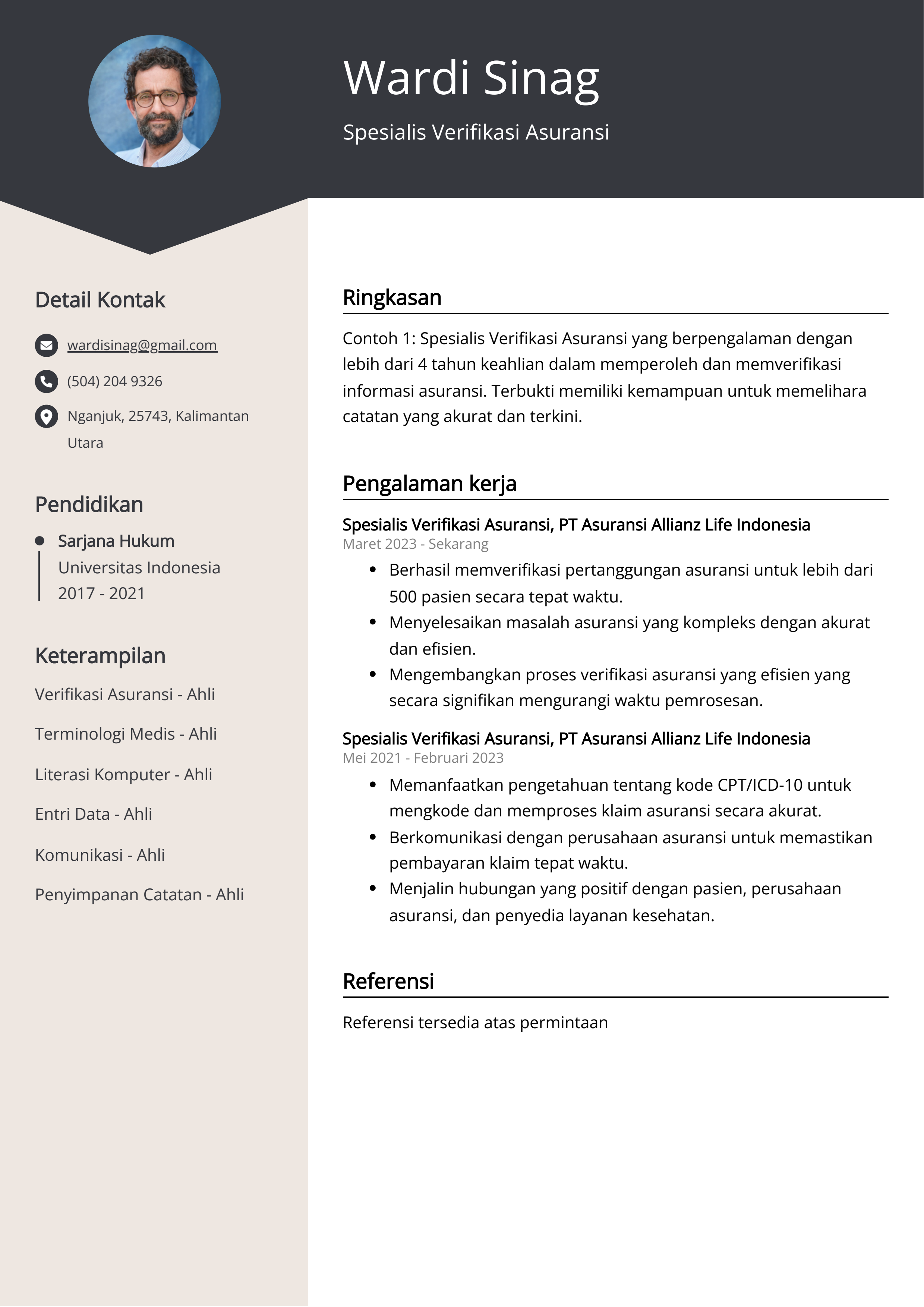 Contoh Resume Spesialis Verifikasi Asuransi