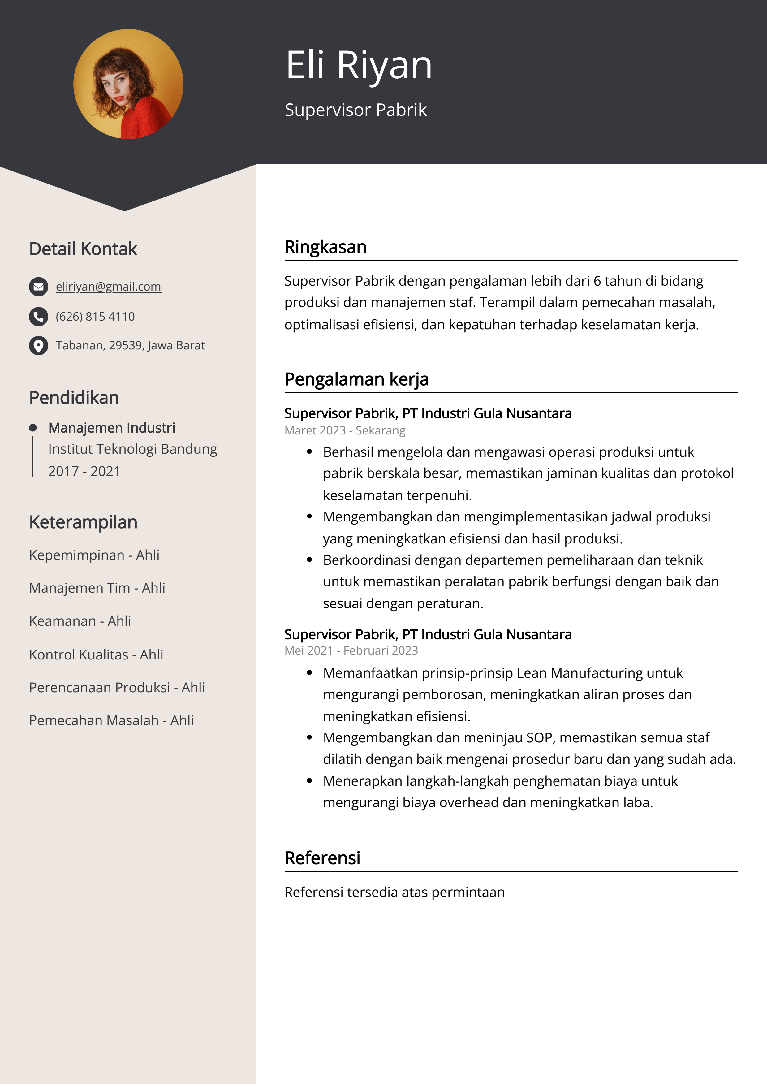 Contoh Resume Supervisor Pabrik