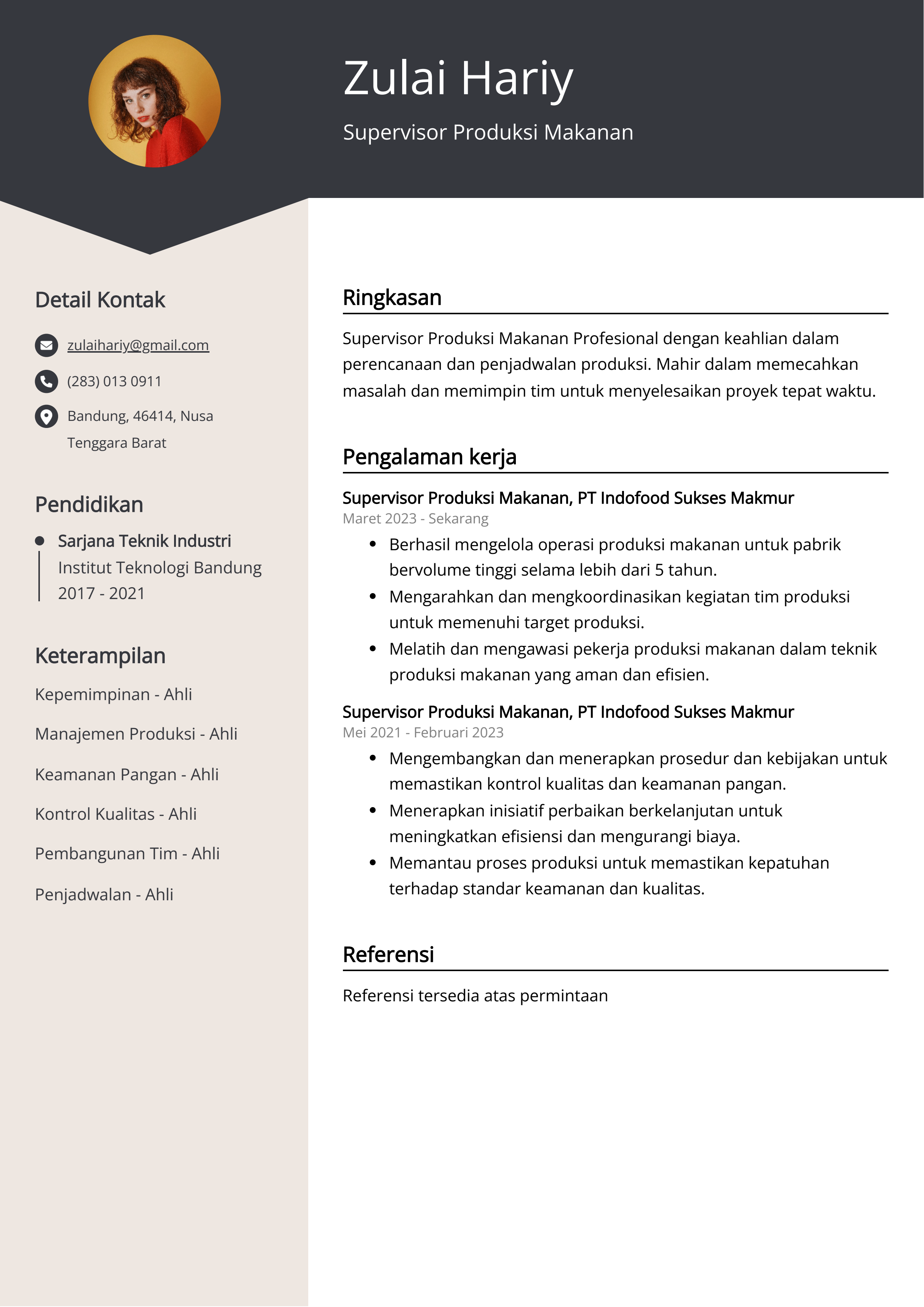 Contoh Resume Supervisor Produksi Makanan