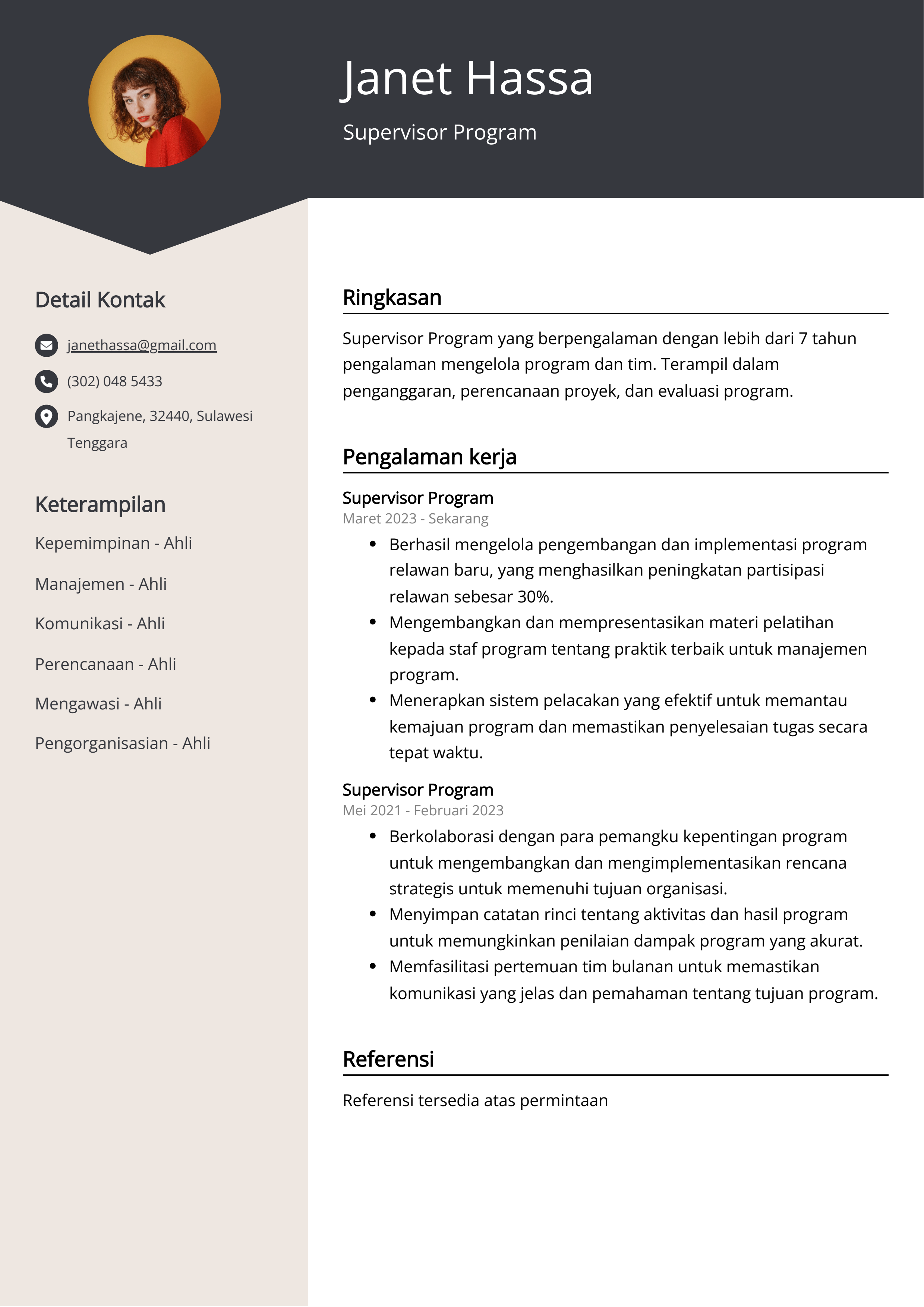 Contoh Resume Program Supervisor