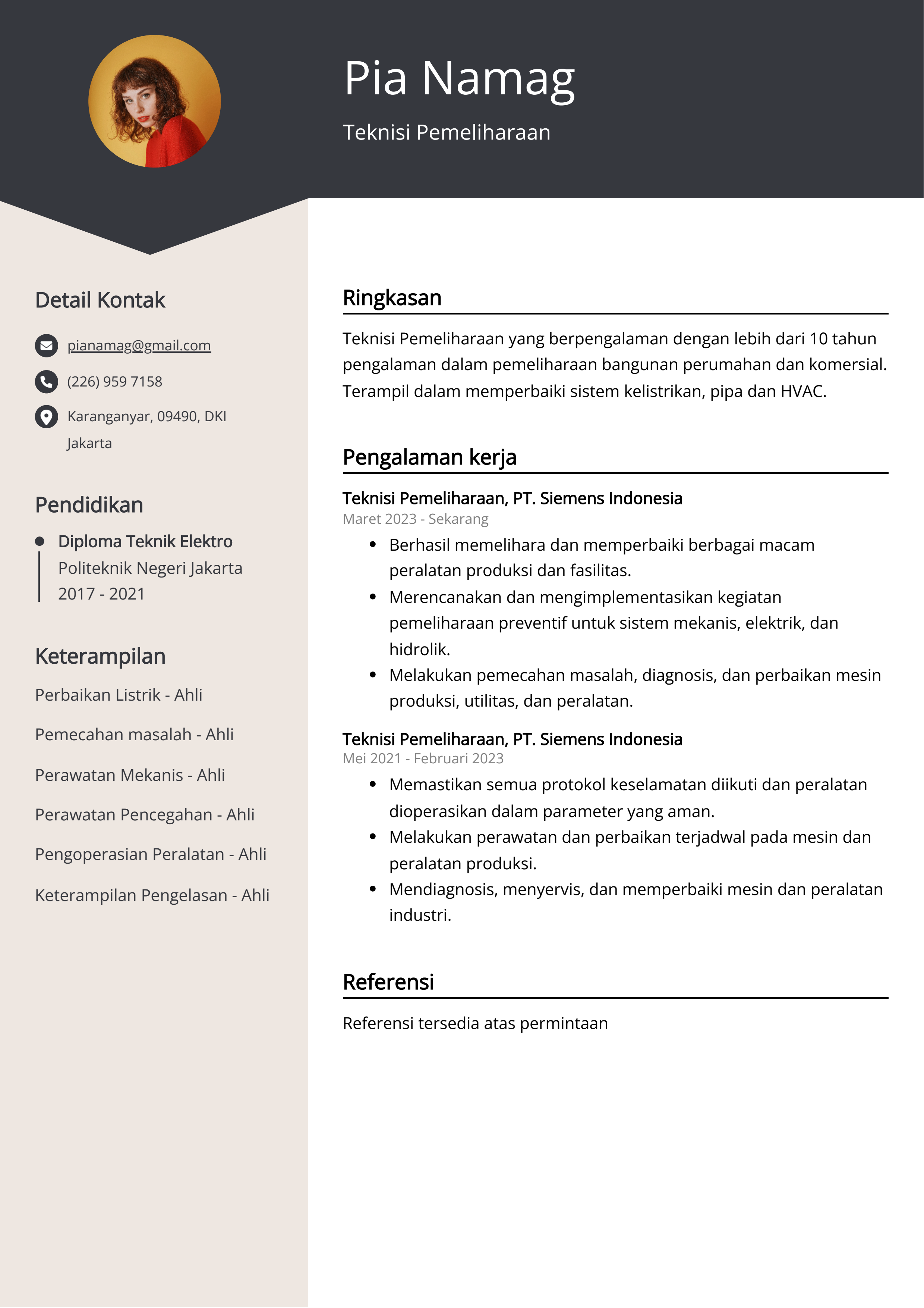 Contoh Resume Teknisi Pemeliharaan